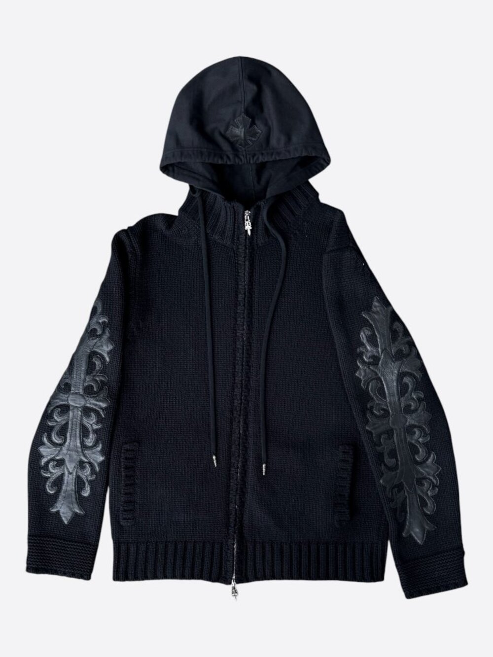 Chrome Hearts Black Leather Floral Cross Patch Cashmere Zip Up Hoodie
